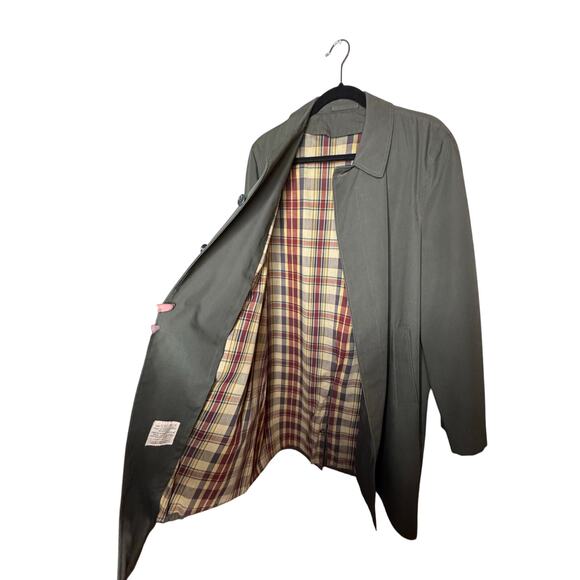 MENS VINTAGE KORATRON GREEN TRENCH COAT PLAID LINING SIZE XL - Picture 5 of 6